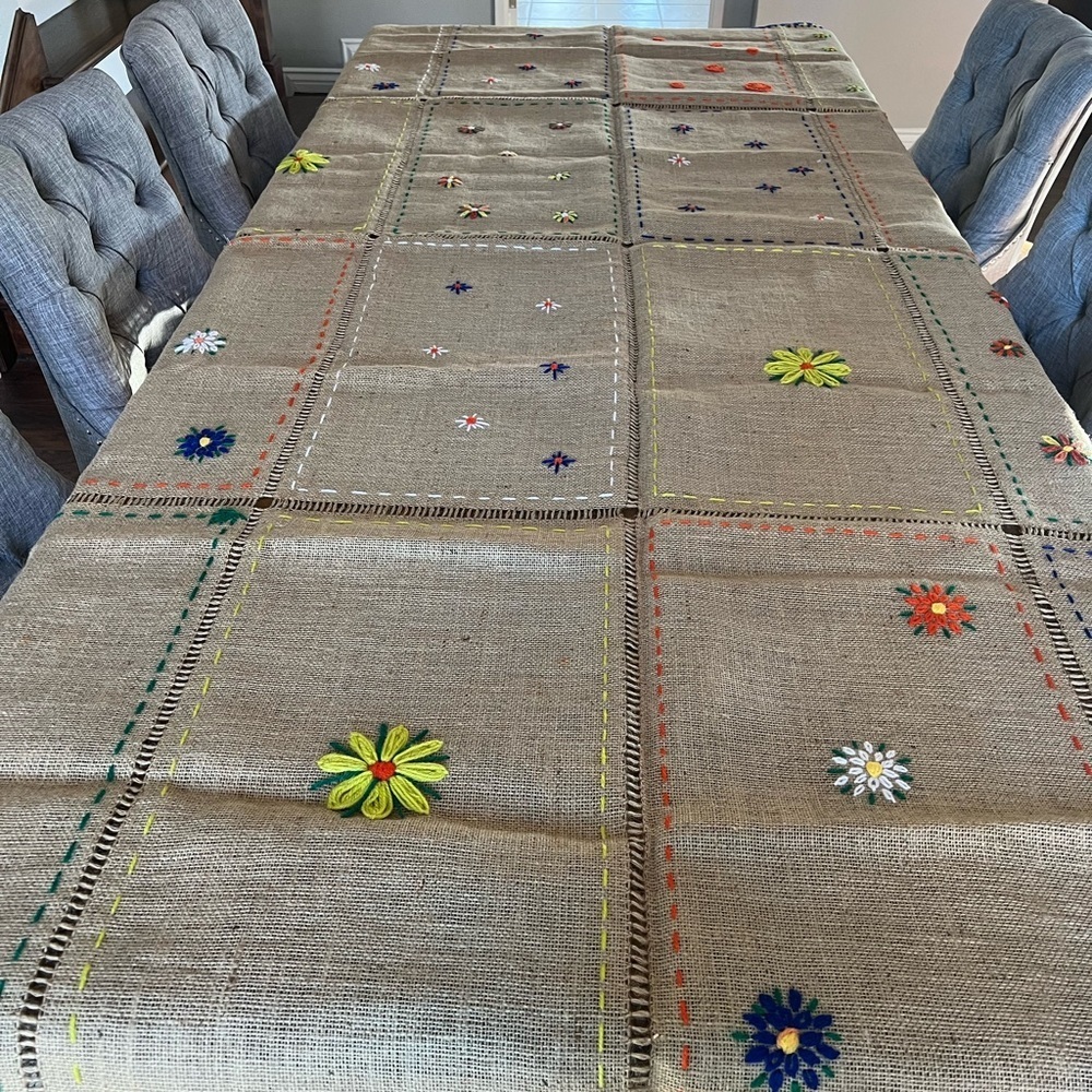 Boho Handmade Burlap Table Cloth - Size 104 in x 60 in.